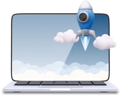 Laptop screen showing a blue rocket ship launching upward through clouds into a clear sky.
